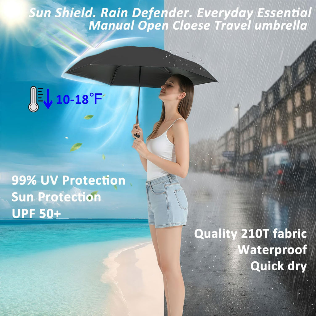 BAODINI Travel Essentials Mini Umbrella for Purse With Case Small Compact UV Sun Protection Lightweight Tiny Pocket Manual Open Close Umbrella for Women Kids and Men Fits Purse Backpack