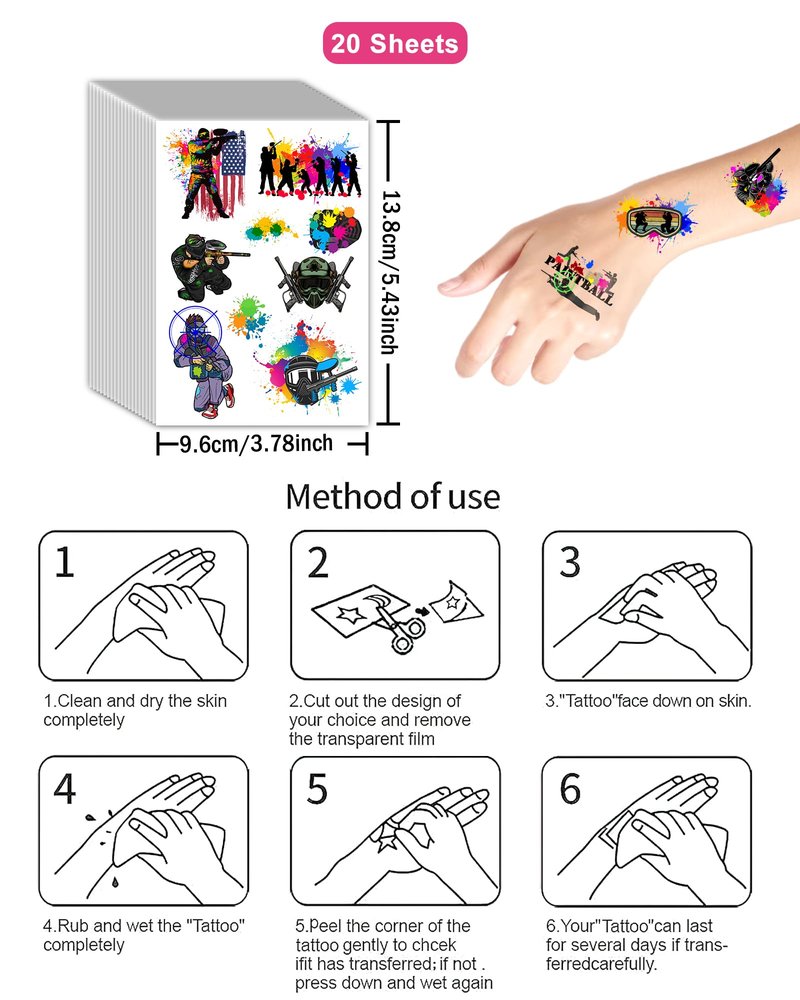 YanZonic 204Pcs Paintball Temporary Tattoos - Fun Kids Paintballs Tattoos Temporary Stickers Favors for Paintball Birthday Decorations, Paintball Party Supplies Class School Carnival