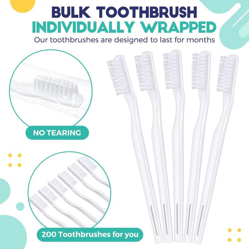 200 Pack Individually Wrapped Disposable Toothbrush Bulk Single Use Toothbrush Travel Toothbrushes Disposable Soft Bristle Adult Toothbrush Manual Tooth Brush for Women Men Hotels Guest Rooms, White