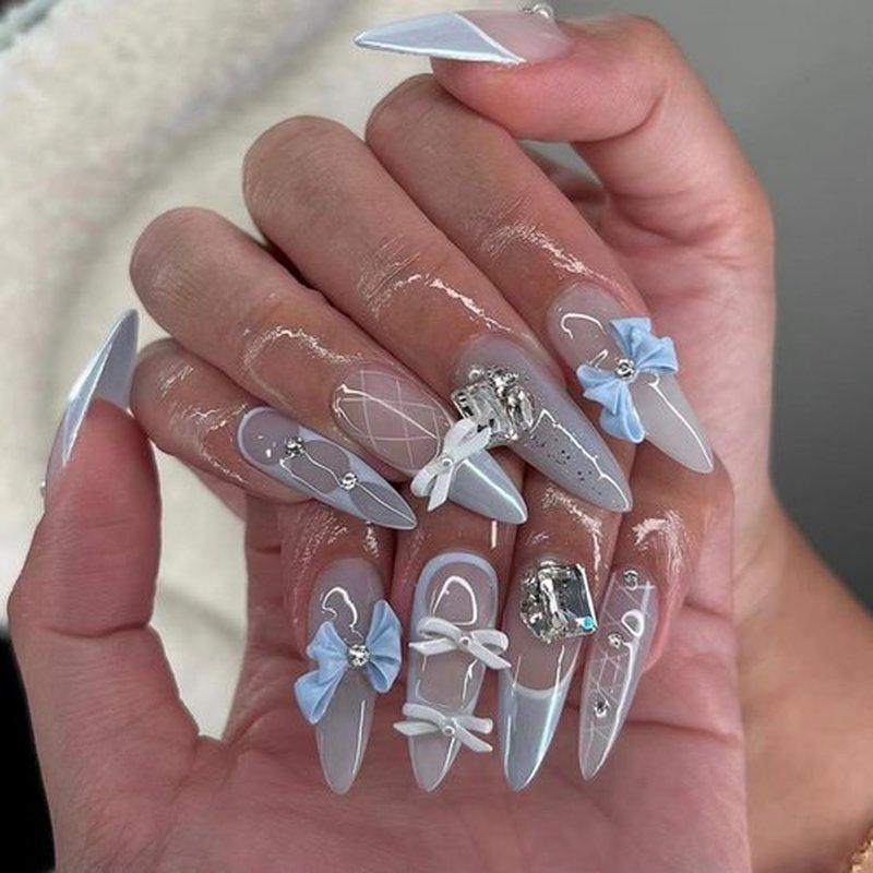 Bow Press on Nails Long Almond Fake Nails 3D Charms Rhinestone False Nails Press ons with Designs Blue Glossy Full Cover Acrylic Glue on Nails Artificial Stick on Nail for Women Manicure 24Pcs