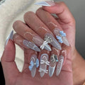 Bow Press on Nails Long Almond Fake Nails 3D Charms Rhinestone False Nails Press ons with Designs Blue Glossy Full Cover Acrylic Glue on Nails Artificial Stick on Nail for Women Manicure 24Pcs