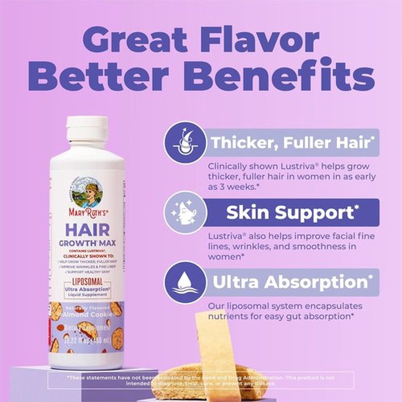MaryRuth Organics Hair Growth MAX Liposomal - Lustriva® & Biotin 10000mcg | Thicker Hair & Skin Care | 15.22 Fl Oz