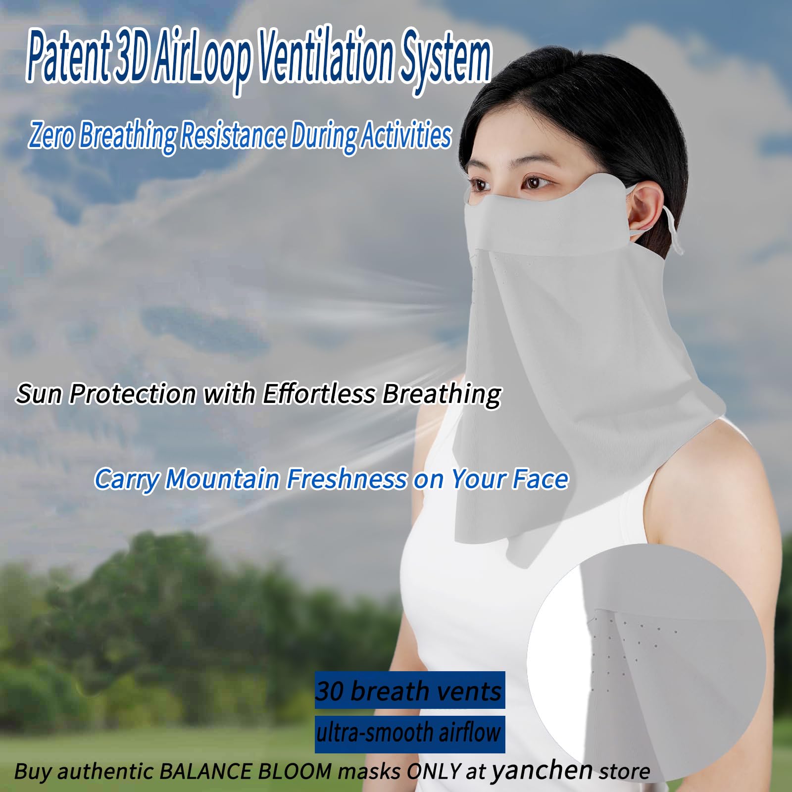 UPF 50+ Cooling Face Mask with 3D AirMesh Tech | UV Protection Sun Mask with Neck Coverage Breathable Design for Outdoor Activities Grey