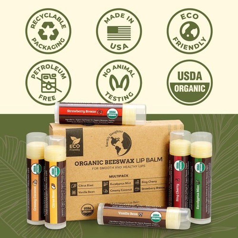 Earth's Daughter USDA Organic Lip Balm - 12-Pack with Fruit Flavors & Beeswax | Moisturizing Repair for Dry Lips