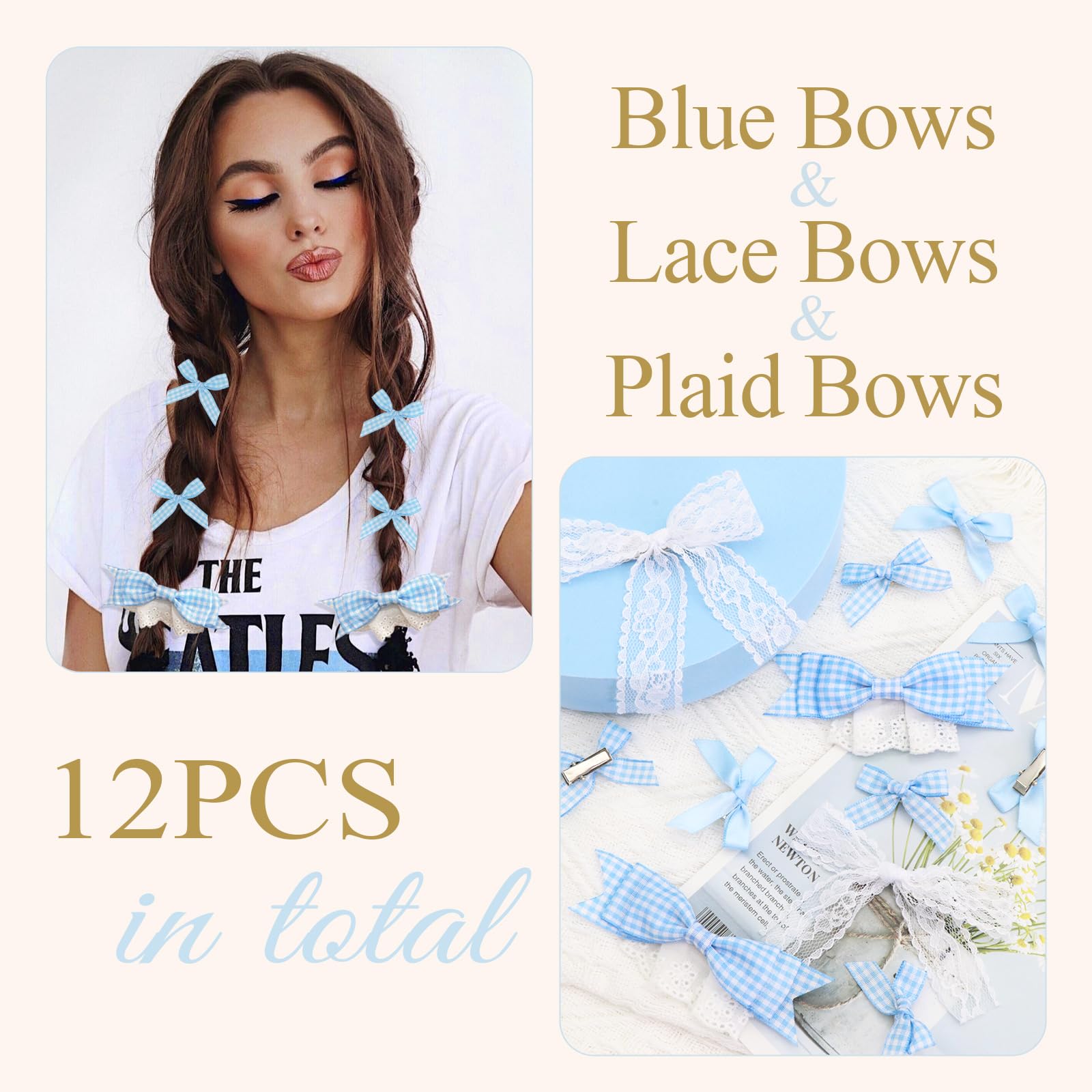 YAEISM 12PCS Blue Bow Hair Clips Cute Gingham Hair Bows 4 Styles Mini Plaid Bows for Hair Coquette Lace Bowknot Ponytail Hair Accessories for Girls Women