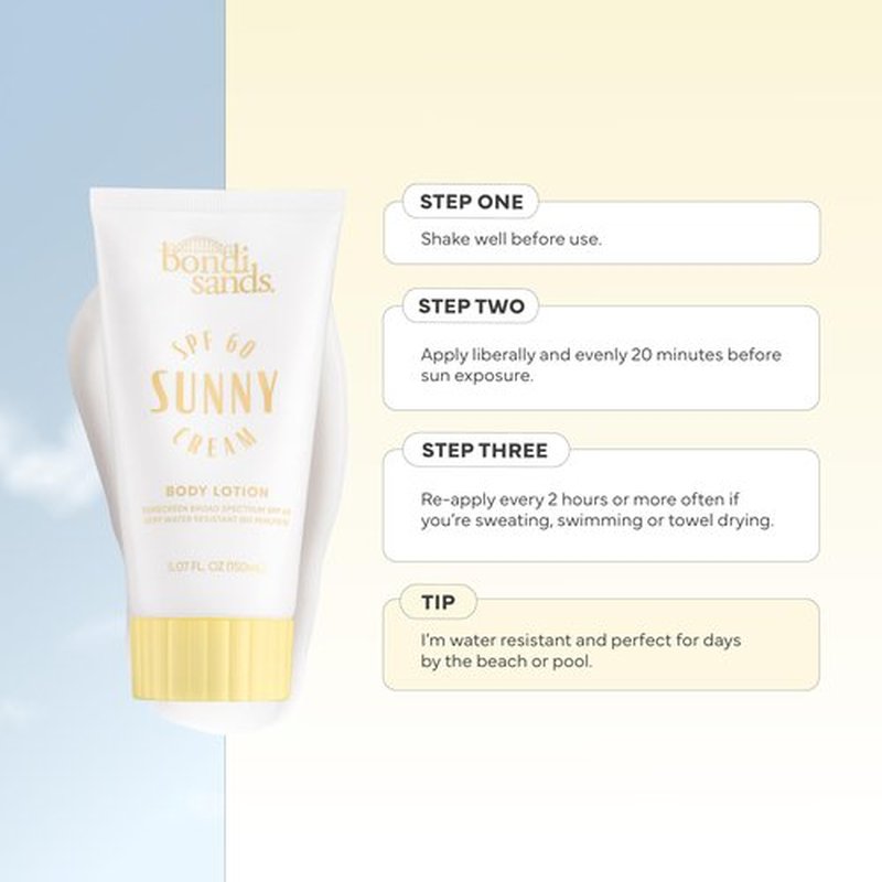 Bondi Sands Sunny Cream SPF 60 Body Lotion, Hydrating + Nourishing Broad Spectrum Sunscreen, Dermatologist-Approved, Water-Resistant, 5.07 Fl Oz