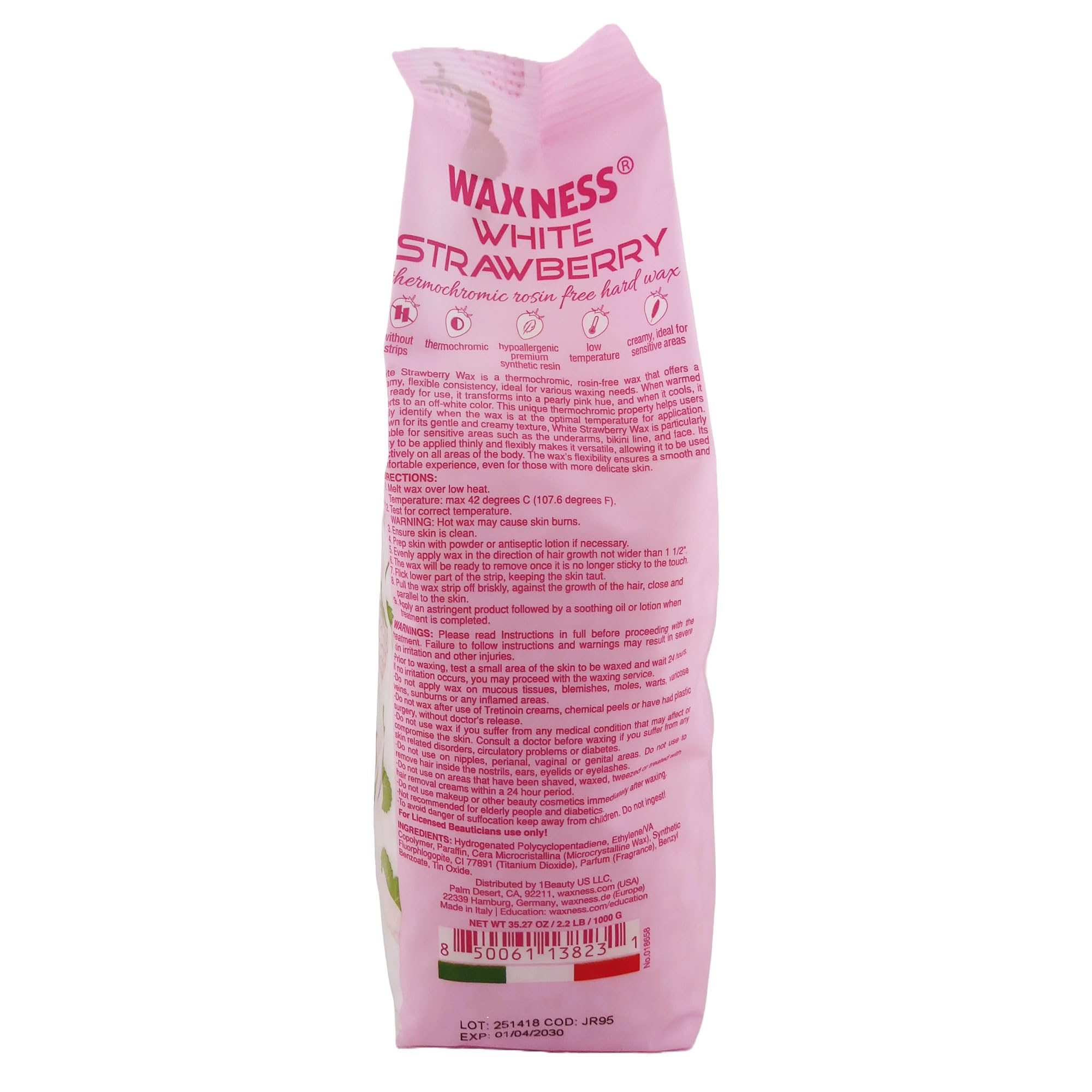 Waxness White Strawberry Thermochromic Hard Wax Beads Bulk 22 lb (10 kg), Rosin-Free, Low Temperature, For Sensitive Skin, Salon Use – Made in Italy