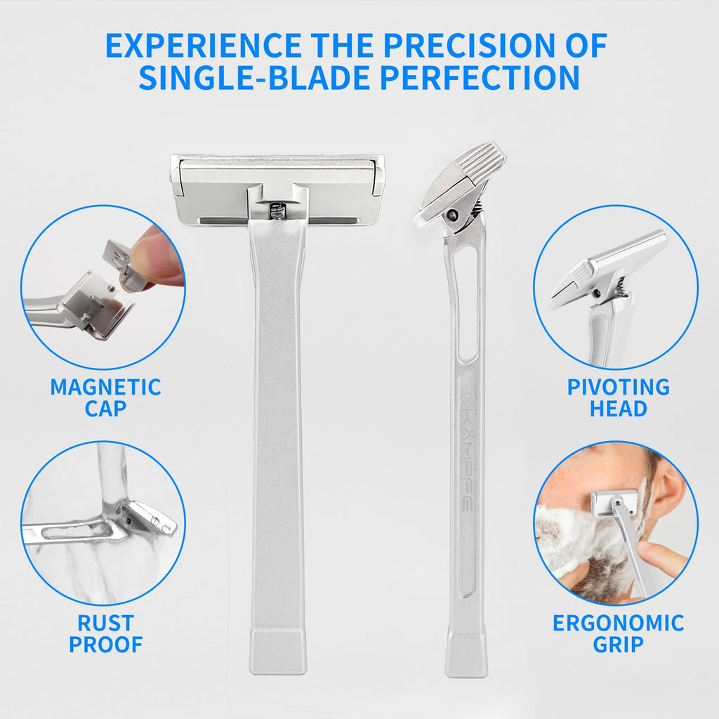 KAMPFE Upgraded Version Safety Razor Made of 6061 Aluminum Alloy Material, Comfortable shaving，GEM Single Sided Safetyshaver Shaver Handle for Men with Suction Cup Holder and Safety Razor Blades