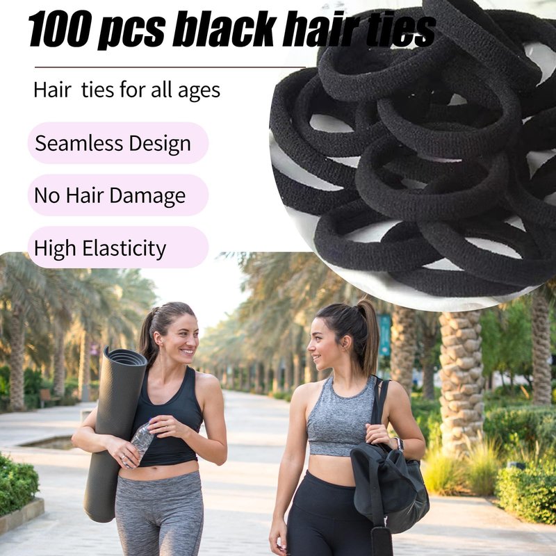 XDMURYM 100 PCS Black Nylon Hair Ties for Women, Elastic Hair Bands No Damage for Thick,Seamless Ponytail Holders For Girls All Hair Types.