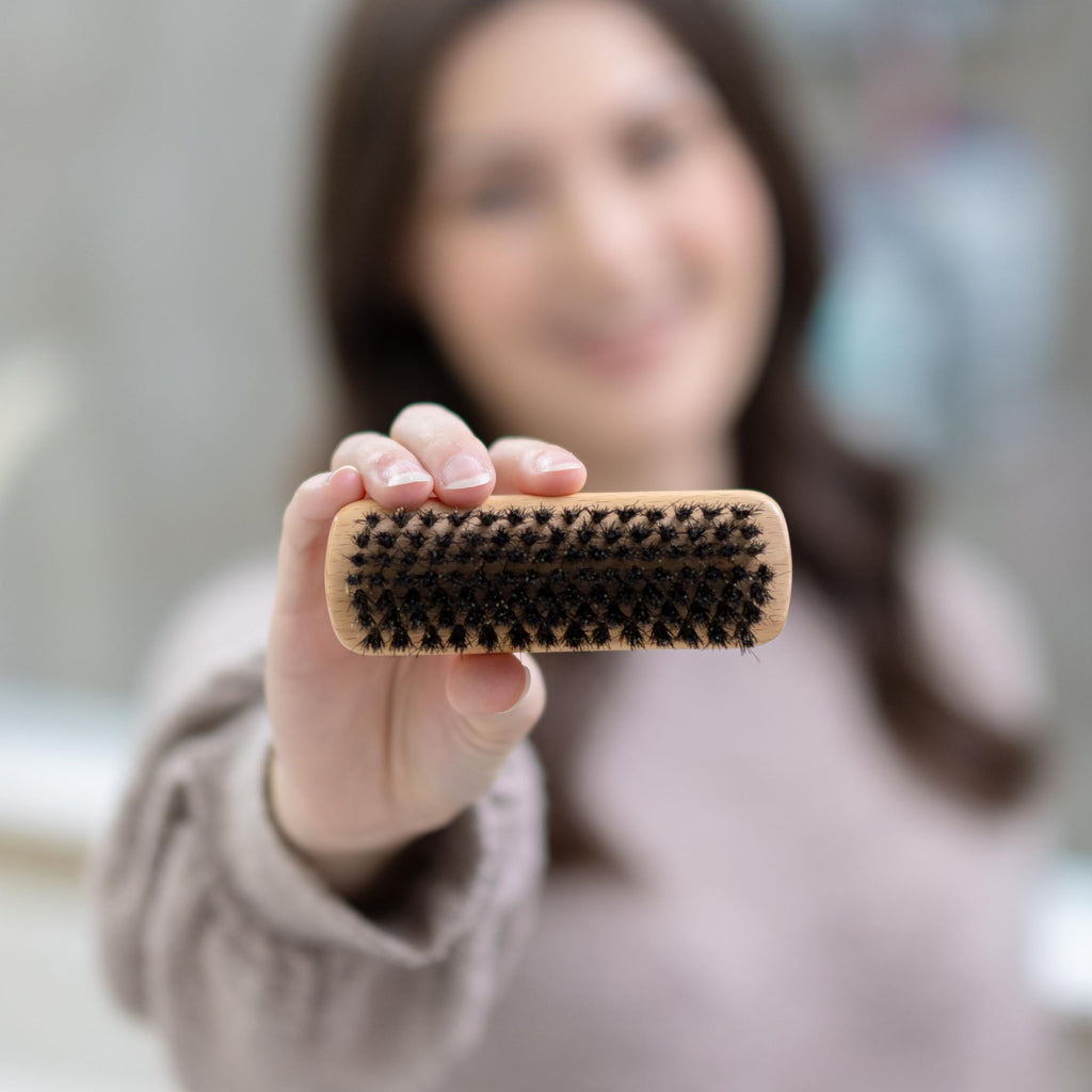 GranNaturals Boar Bristle Slick Back Hair Brush - Palm Size - Soft Medium Smoothing Hairbrush to Style, Polish, & Lay Hair Down Flat to Create a Sleek Frizz Free Hairstyle for Women and Men