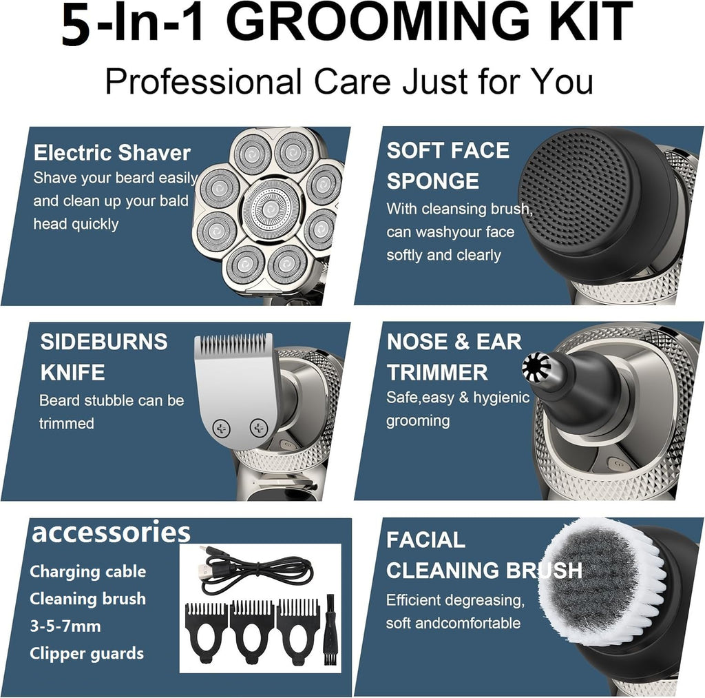 5-in-1 Electric Shaver for Men, Waterproof 9-Blade Razor Kit for Shaving Head & Face, LCD Display, Magnetic Head, Nose/Beard Trimmer, Cleaning & Massage Brush, Travel, 60min Runtime