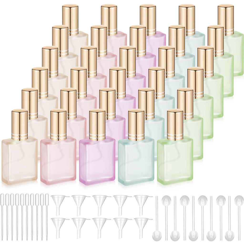 Domensi 30 Pcs 10/15/30/50 ml Glass Square Perfume Bottles Mini Glass Empty Spray Atomizer Bottles Bulk Refillable Perfume Dispenser Container with Pump Tool for Travel (15 ml,Folral Color)