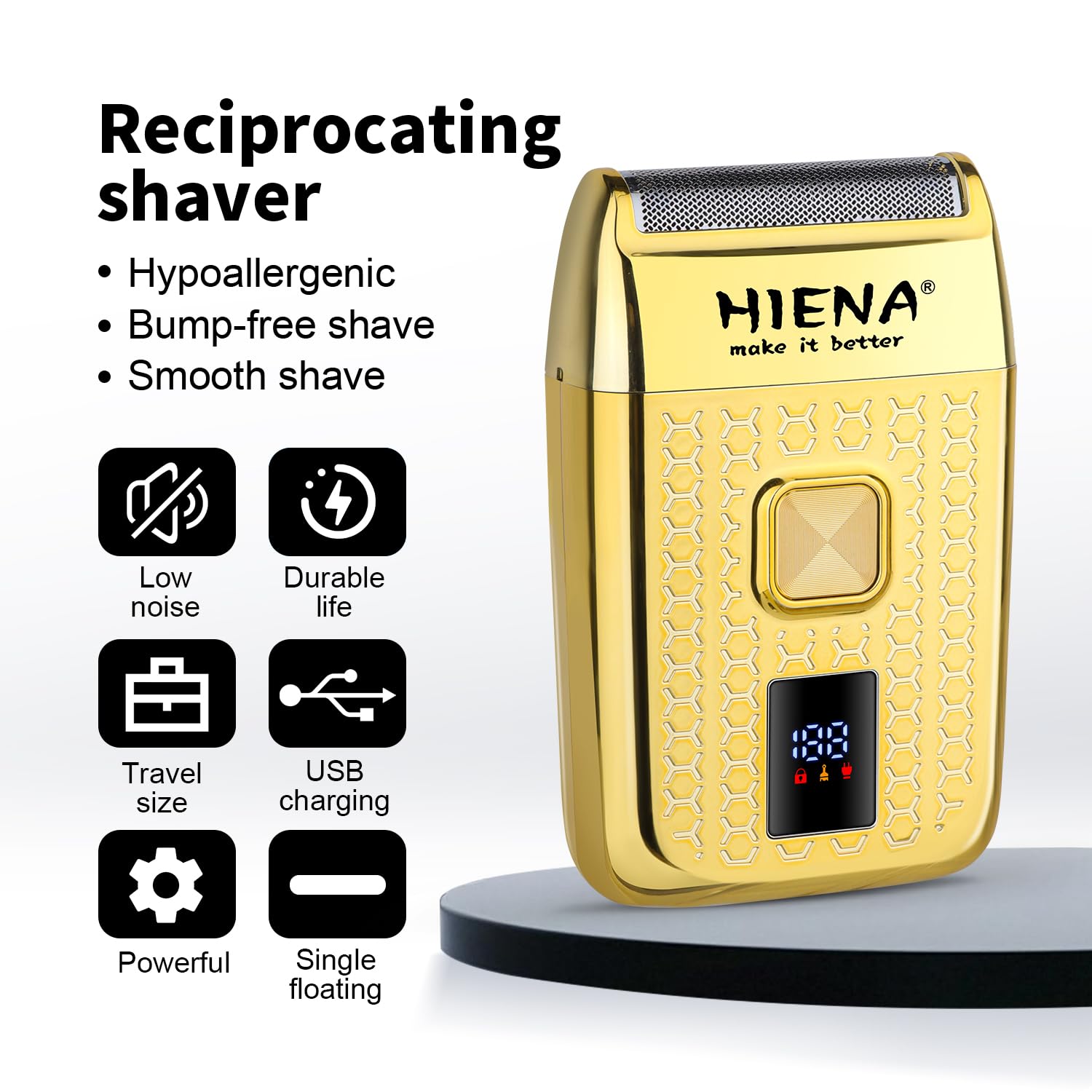 HIENA PRO Professional Reciprocating Electric Shaver for Men, Cordless Bald Head Precision Trimmer & Beard Trimmer, Foil Shaving and Men's Facial Grooming Tool with LED, Gifts for Men(Gold)