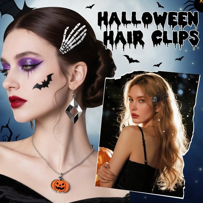 HairChrysm 8 PCS Gothic Hair Clips Set, 4 PCS Metal Spider Web Skeleton Hand Bat Claw Clips & 4 Skeleton Hand Bone Barrettes for Women Halloween Hair Accessories Punk Rock Dark Aesthetic Hair Pins