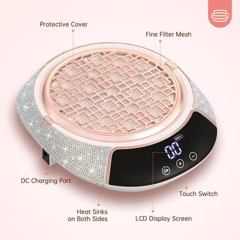 CHRISTINE SHELLY Nail Dust Collector,3500RPM Cordless Dust Collector Nail Tech with LED Display,Rechargeable Dust Suction Machine with Reusable Fillter for Acrylic Gel Polish,Salon & Home AB Diamond