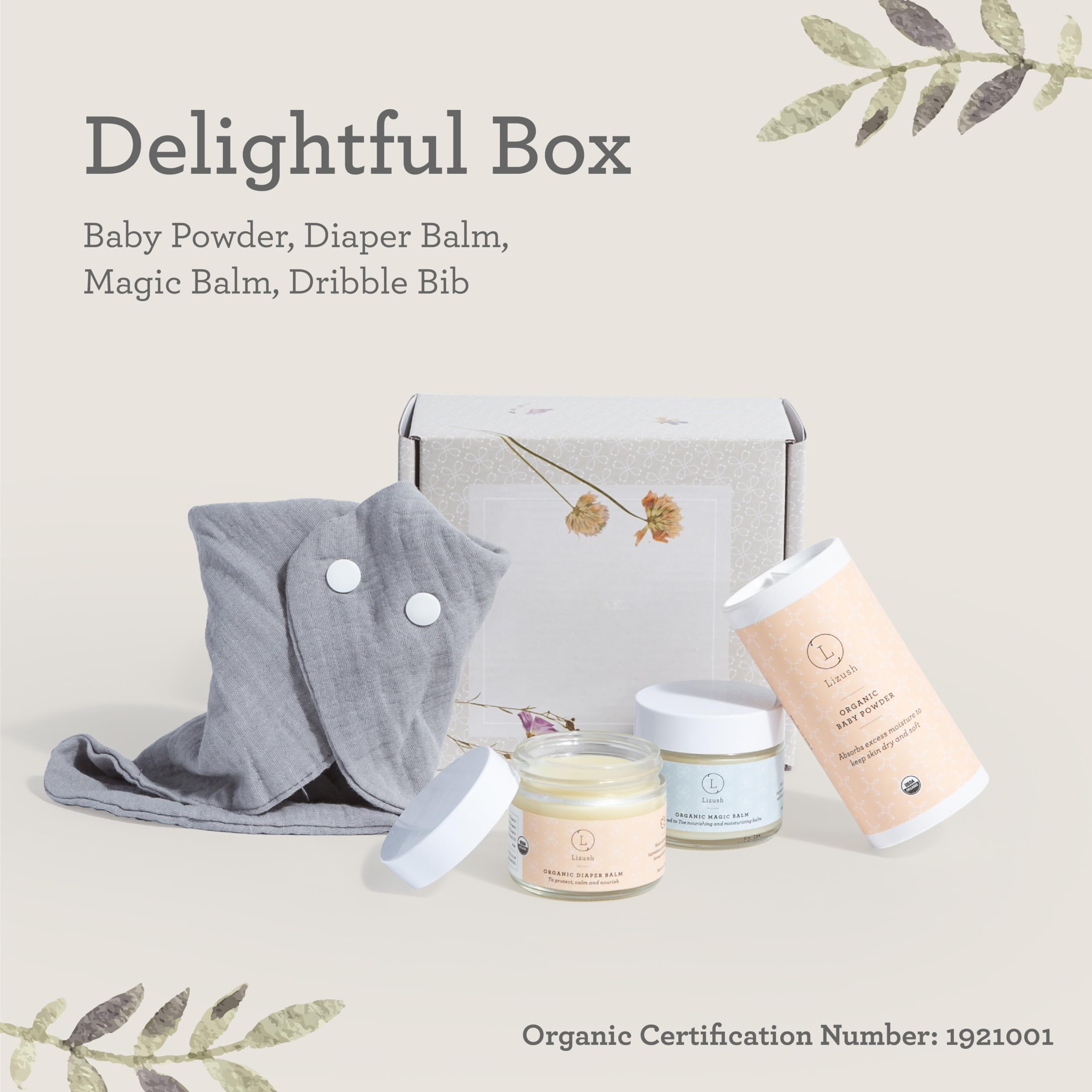 Lizush Organic Newborn Gift Set - 4-Piece Essentials with Gentle Skincare Products, Baby Towel and Burp Cloth for Boys or Girls - Handmade in the USA