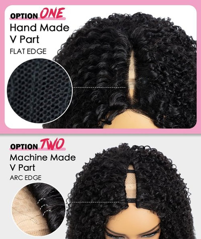 QUEEN VIRGIN REMY QVR Lace V Part Wig Human Hair No Leave Out Glueless V Shape Full Head Clip In Half Wig with Drawstring Kinky Curly U Part Human Hair Wig for Black Women 16 Inch Natural Black