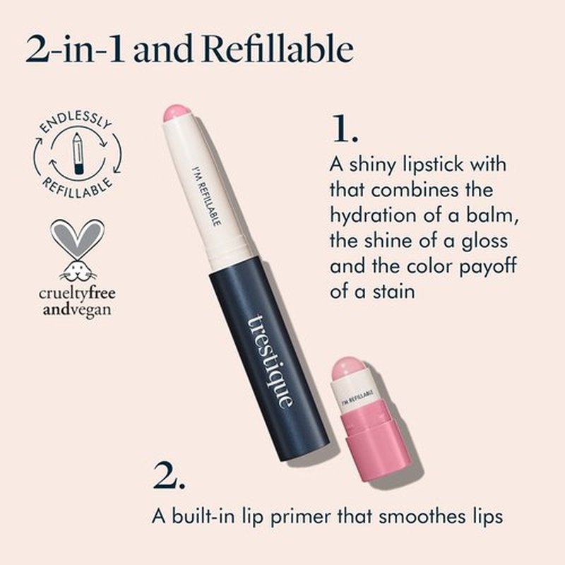 TRE'STIQUE Prime And Shine Lip Crayon, Refillable Shiny Lipstick With Built-in Primer, Clean Beauty Makeup, Lipstick For Women, 2-in-1 Glossy and Lip Primer