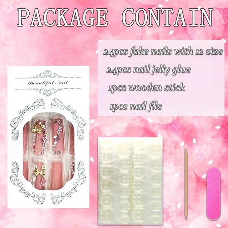 FIEONCIY Press on Nails Long Coffin Shaped Acrylic Glossy Full Cover Long Square French False Nails with Designs Artificial Extra Long Fake Nails with Charms Glue ons Fingernails for Women(XL10518)
