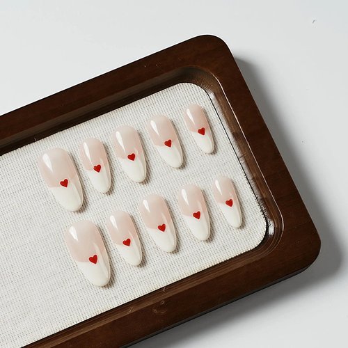 Tesytto Valentine's Day Press on Nails with Red Heart - Medium Almond Fake Nails Full Cover Glossy, Classic White Edge Design French Tip Handmade False Nails(Creamy Heart French,S)
