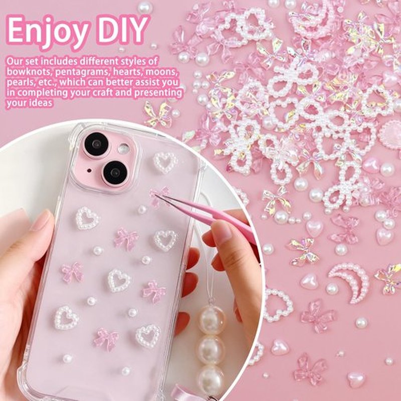 SEMATA Pink Bow Nail Charms and Gems Flatback Pearls Charms for Nails Design Heart Nail Jewels DIY Nails Art Decoration Moon Star Bedazzling Kit for Crafting Bows Decora for Women and Girls