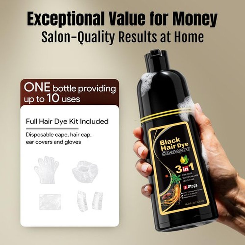 BOJICA 3 in 1 Black Hair Dye Shampoo for Gray Hair | Herbal Color Shampoo with Argan Oil & Ginseng | Instant Full Gray Coverage, 3-4 Weeks Lasting, Includes Cape & Gloves(16.9 Fl oz)
