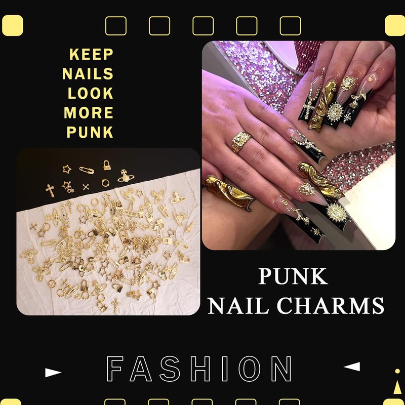 YAEISM 135PCS Gold Nail Charms 3D Nail Spikes Shiny Gold Nail Crosses Alloy Star Nail Charms Punk Goth Pin Planet Nail Art Gems for Women and Girls