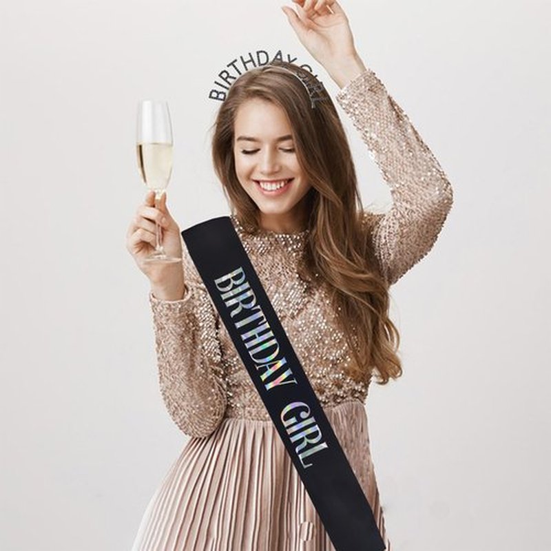 MGJSRNH Birthday Party Gift for Girls,Black Satin Silver Multicolour Iridescence Glitter Sash Decorations Supplies,Rhinestone Crowns Birthday Girl Headband for Women