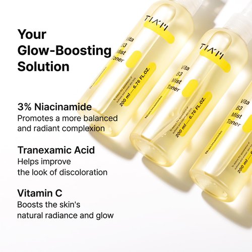 TIAM Vita B3 Mist Toner, 6.76 fl oz, Glow Boosting Facial Spray with Niacinamide, Tranexamic Acid, and Vitamin C for All Skin Types, Hydrating & Refreshing, Korean Skin Care