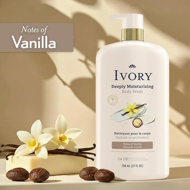Ivory Body Wash - Deeply Moisturizing Formula with Shea Butter Blend | 24hr Hydration, Vanilla Scent, 27 oz