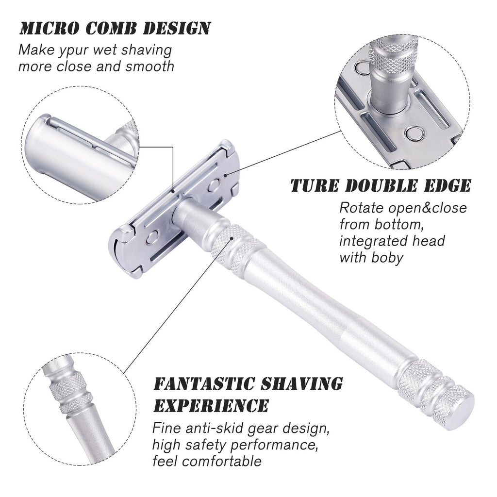 Men's and Women's Manual Razor Safety Razor with 10 Double Edge Blades, Double Edge Razor, Eco-Friendly, Smooth Close Shave, Plastic-Free, Easy to Carry for Traveling at Home (Silver + Base)