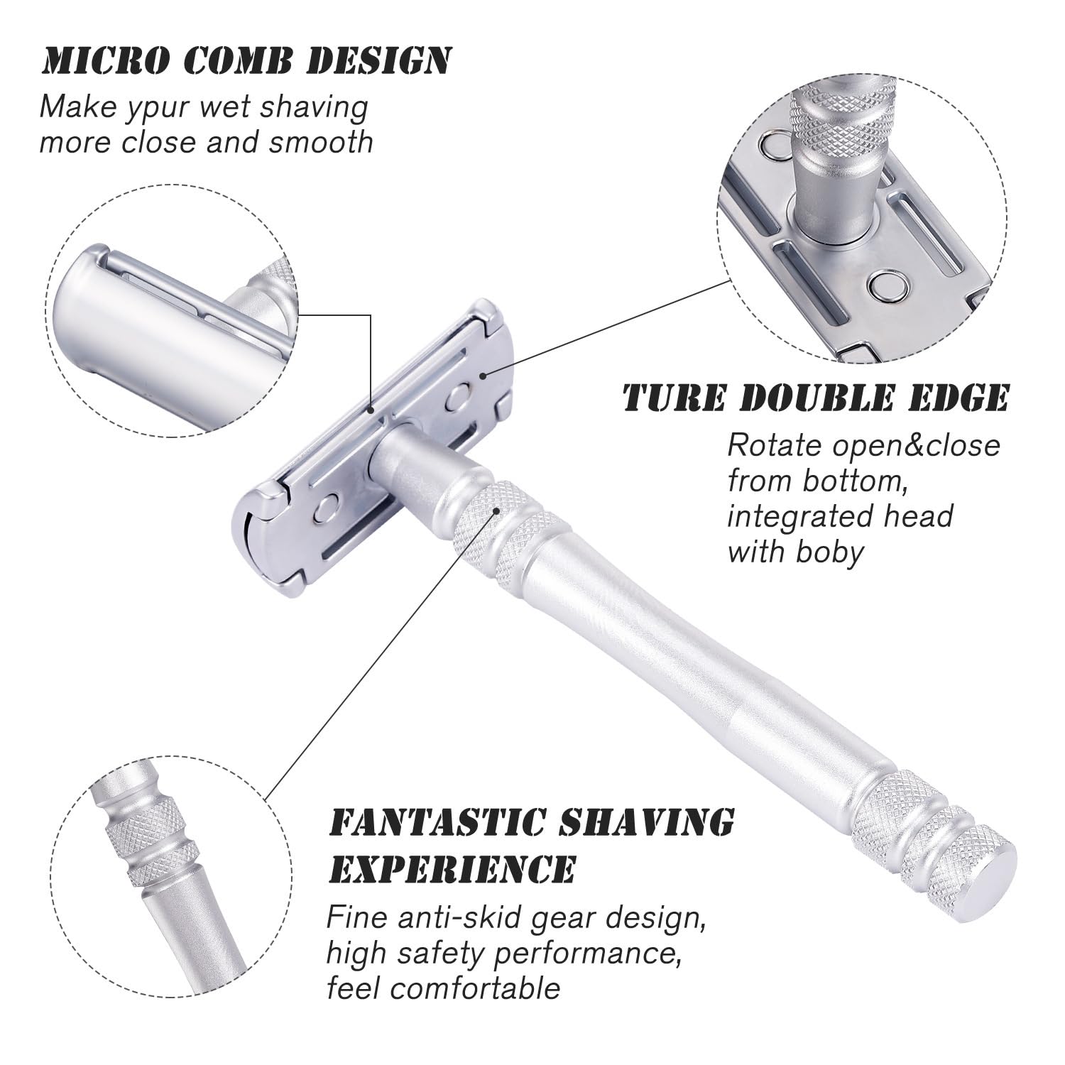Men's and Women's Manual Razor Safety Razor with 10 Double Edge Blades, Double Edge Razor, Eco-Friendly, Smooth Close Shave, Plastic-Free, Easy to Carry for Traveling at Home (Silver + Base)