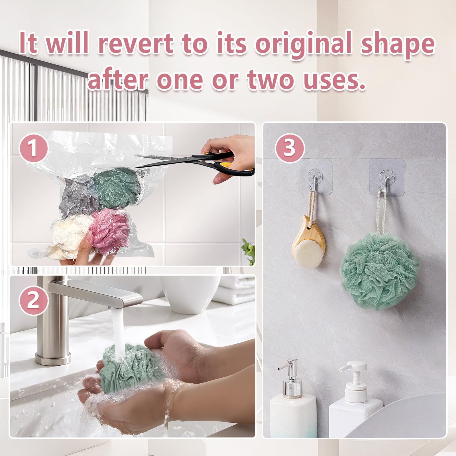 Rnoafmu Shower Loofah Bath Sponge, 60G Loofah Exfoliating Body Scrubber, 4 Color Mesh Shower Pouf Balls for Body Wash (Pink Green White Gray)