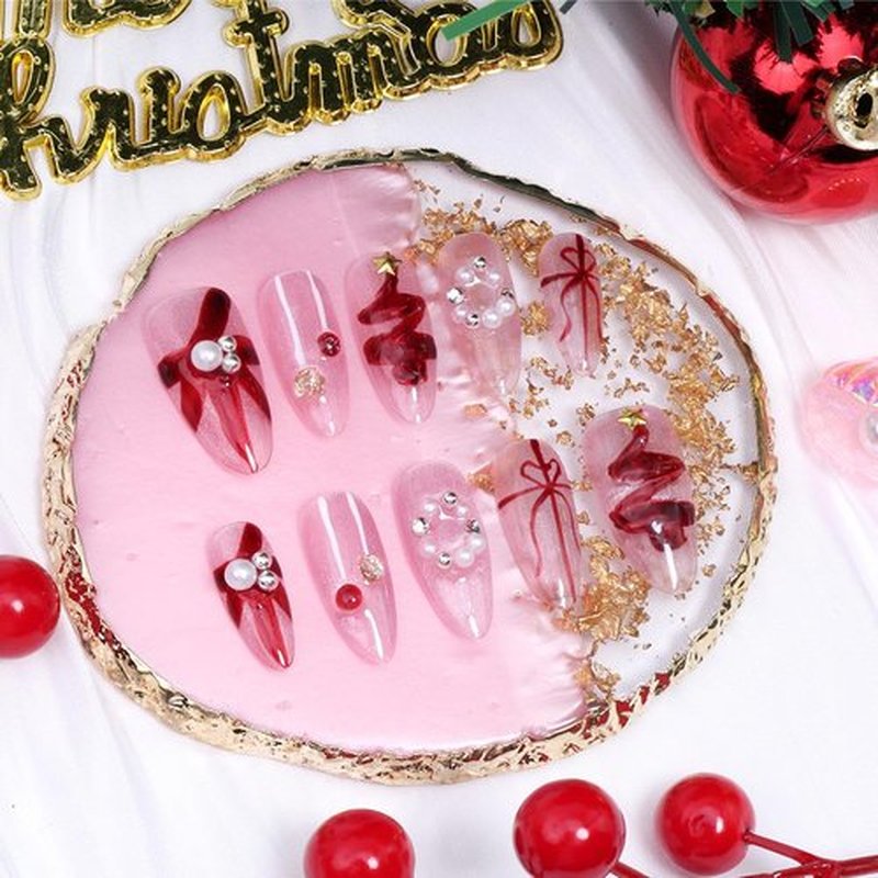 10Pcs Handmade Christmas Press on Nails Medium Almond Fake Nails Red Christmas Trees with Colorful Ball Glitter Full Cover Pink Nails Glue on Nail Winter Xmas False Nails for Acrylic Manicure Tips