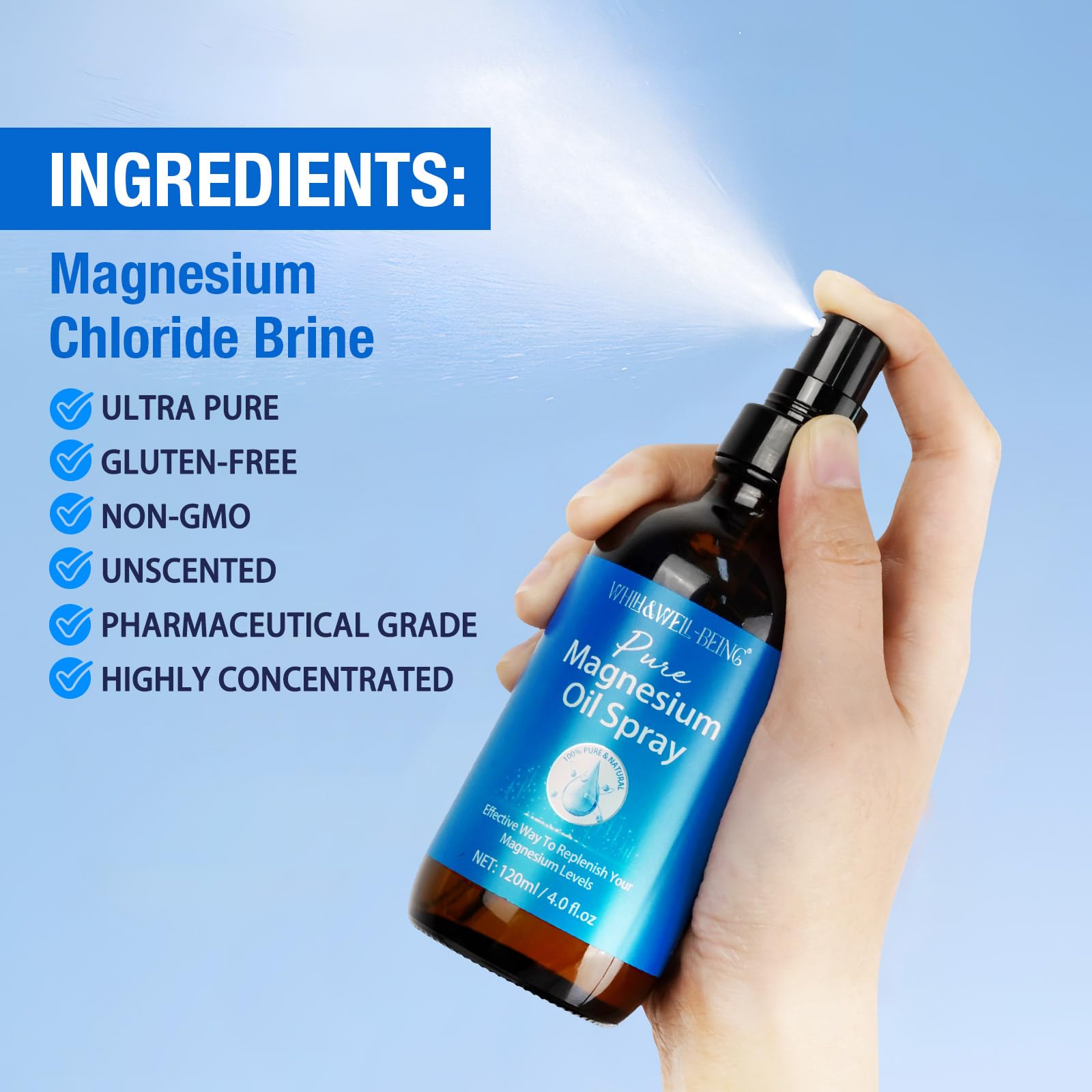 Magnesium Spray, Pure Magnesium Oil Spray Natural in Glass Bottle, Easy to Absorb and Use 120ml