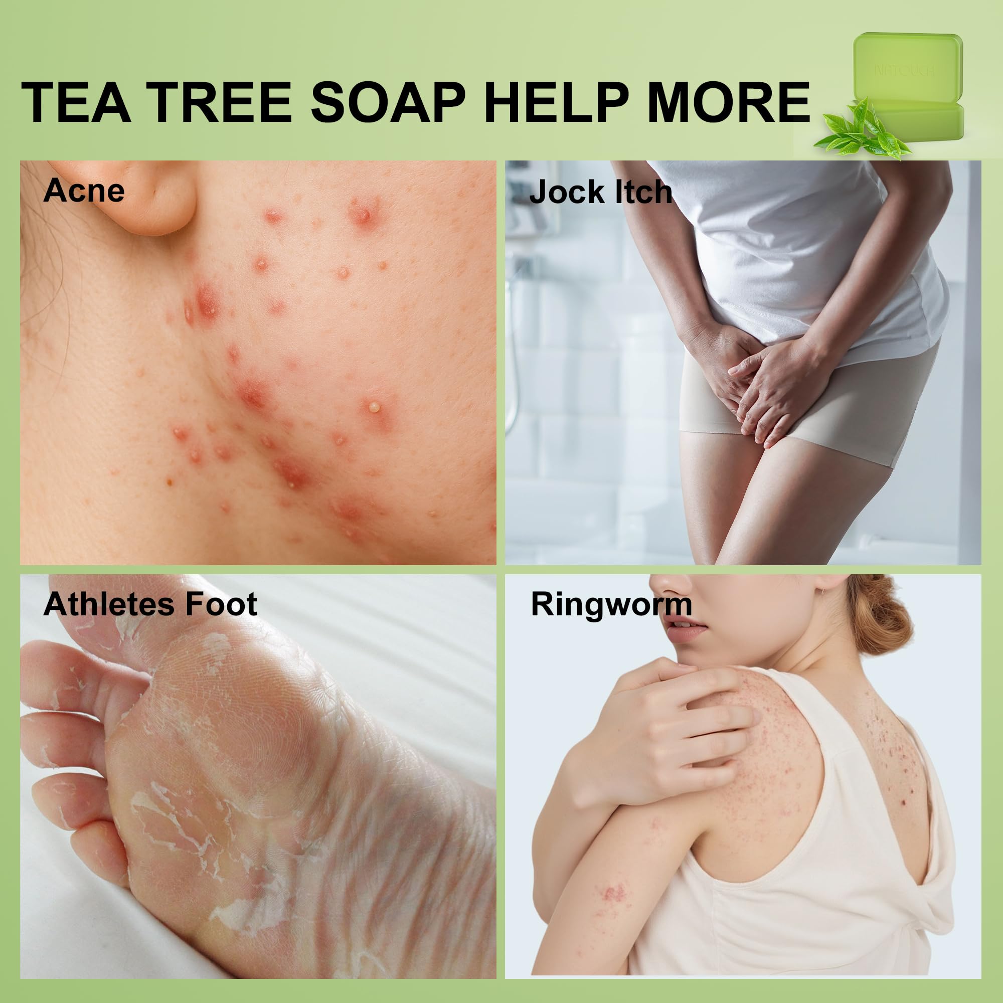 Natouch Soap Bar for Face & Body Wash, Medicated Bath Bar Soap for Jock Itch, Ringworm & Athlete's Foot with Tea Tree Oil, Foot Soap for Men & Women, 8 oz(Pack of 2)