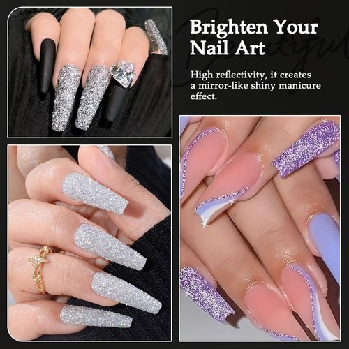 Furtherpretty Reflective Glitter for Nails, 6 Colors Sparkle Nail Powder Diamond Dust Glitter Silver Pink Purple Blue Sugar Dip Powder Shimmer Nail Pigment Set with Brush Nail Salon Supplies