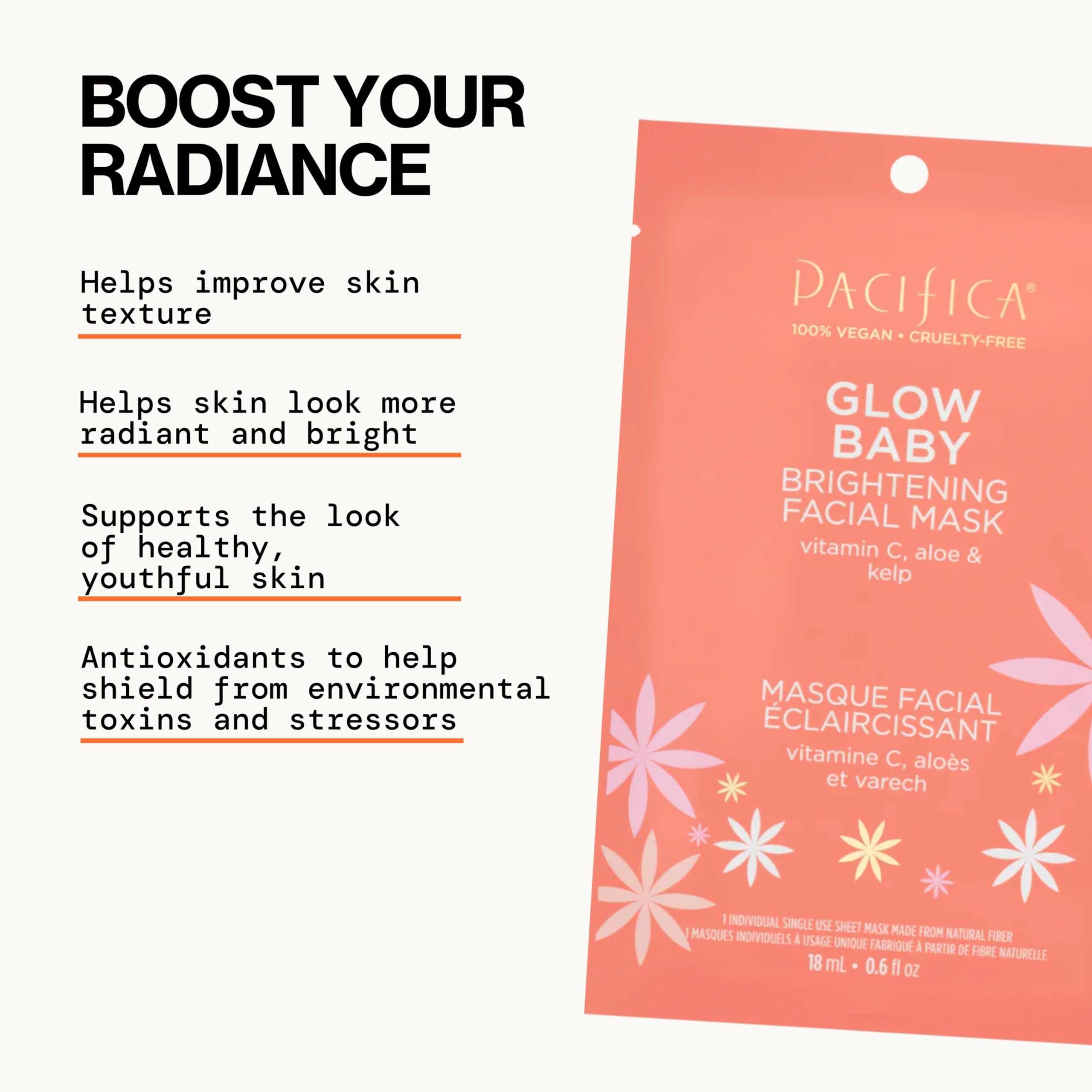 Pacifica Sheet Face Mask - 6 Pack - Glow Baby Brightening Facial Mask w/Vitamin C, Aloe & Kelp – Cooling Mask for Dark Spots & Fine Lines - Clean Beauty Vegan & Cruelty-Free Dermatologist Tested