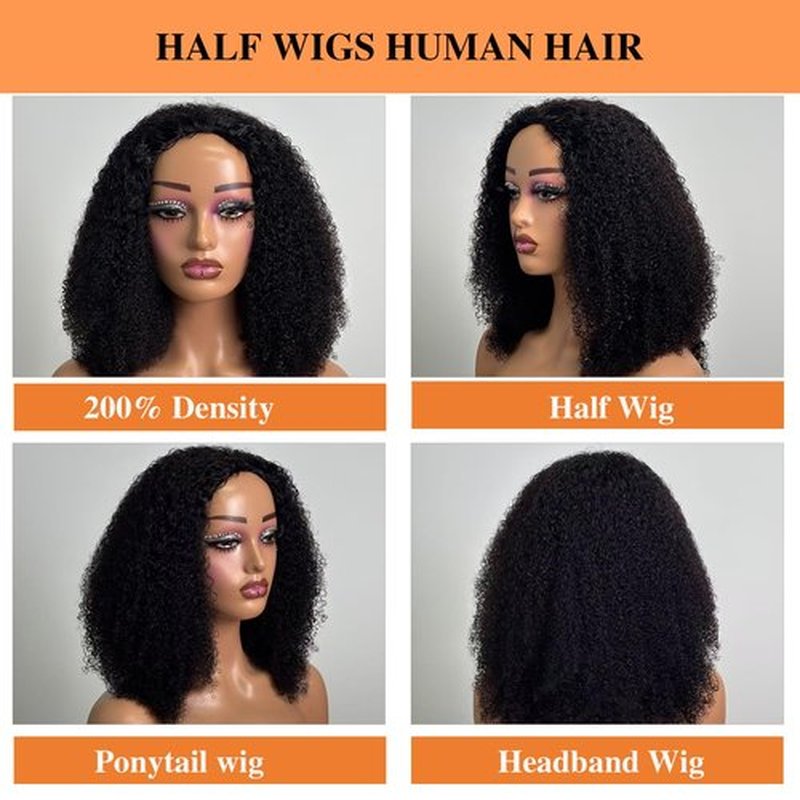 Half Wig Human Hair Kinky Curly Half Wig 200 Density 3 In 1 Seamless Flip Over Glueless Wigs Human Hair with Drawstring Invisible Hairline Beginner Friendly Curly Wig Headband Wig for Women 18Inch