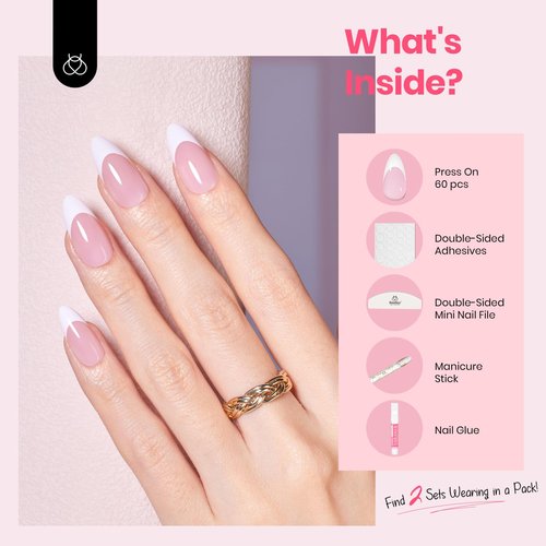 Beetles Press On Nails Almond Medium: 60pcs French Tip Press On Nails in 16 Sizes, White French Tips Pink Fake Nails with Nail Glue, Quick & Easy Nail Salon Manicure Gift for Women Her