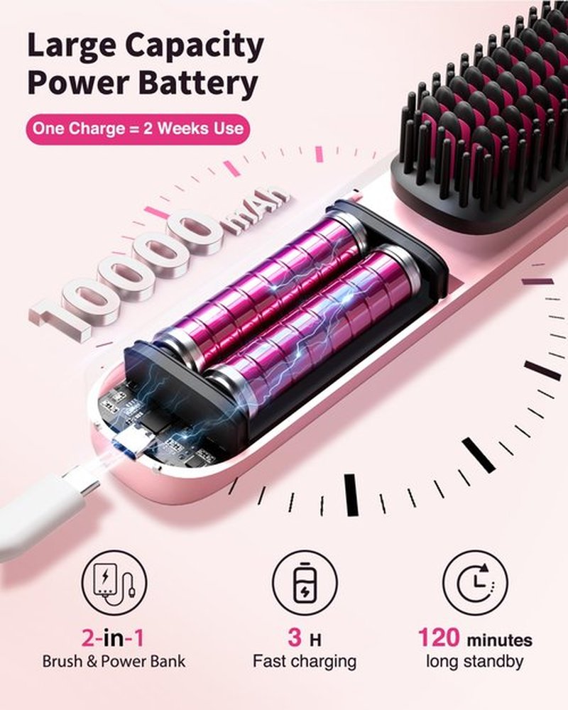 Cordless Hair Straightener Brush - Portable Hair Straightening Brush for Travel - 300M Negative Ions for Frizz-Free Shine, Touch Up On-The-Go, Fast Heating, Gift for Women, 10,000mAh, Powder Pink