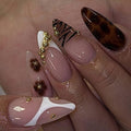 SEENEEY Almond Press on Nails Medium Fake Nails Brown Artificial Nail Gold Charm and Leopard Designs Stick on Nail for Women 24pcs