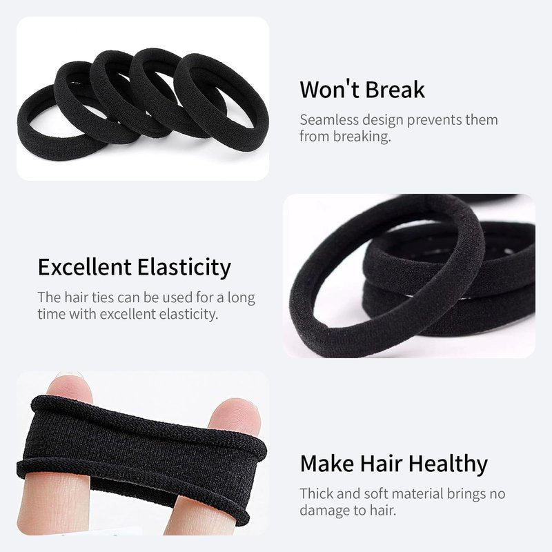 XDMURYM 100 PCS Black Nylon Hair Ties for Women, Elastic Hair Bands No Damage for Thick,Seamless Ponytail Holders For Girls All Hair Types.
