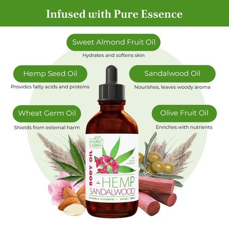 Natural Therapy Hemp & Sandalwood Body Oil – Moisturizing Body Oil – Hydrate & Soften Skin – Increase Skin Elasticity and Provide Anti-Aging Support (4 Fl.Oz)
