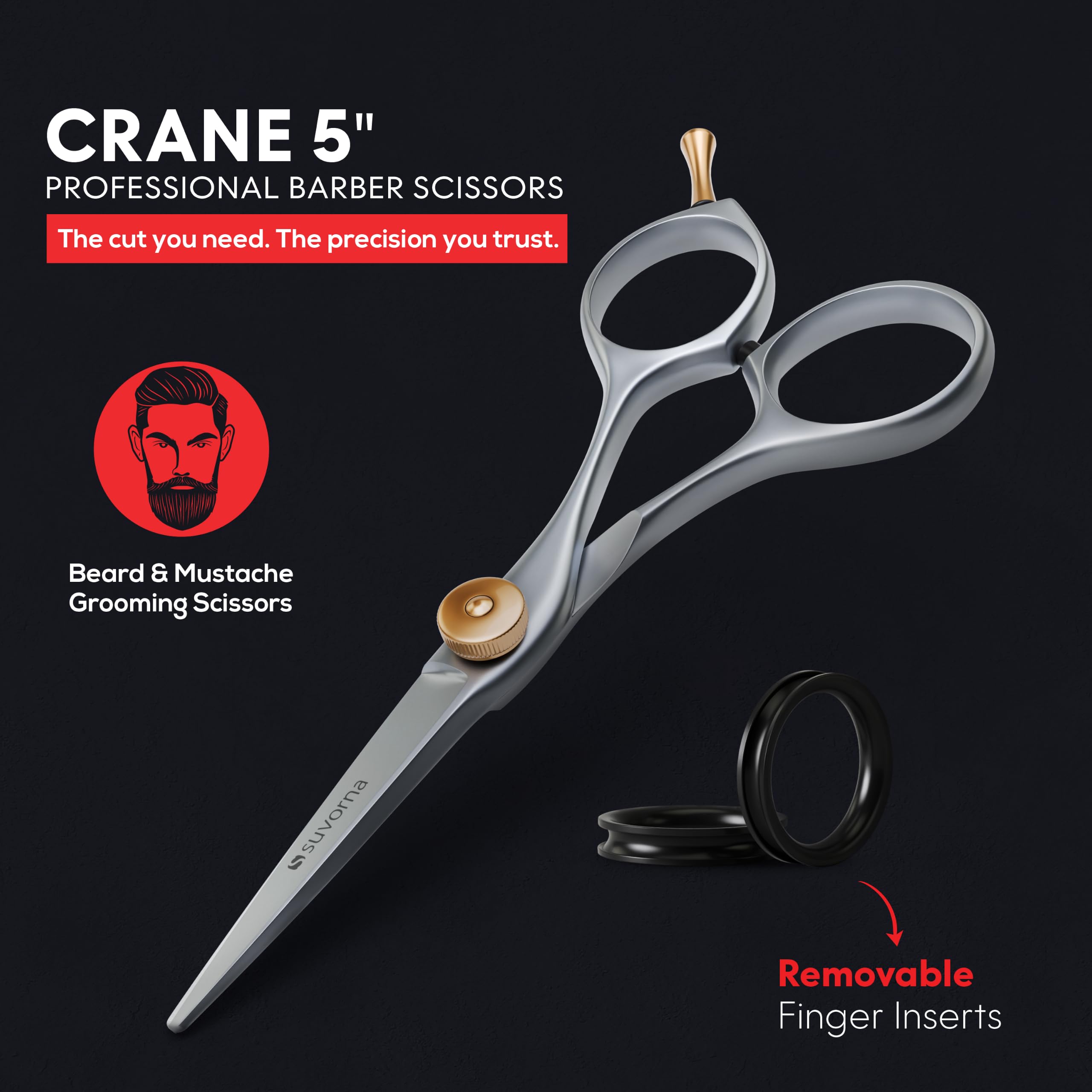 Suvorna Small Scissors for Beard, Mustache, Facial, Nose, Eyebrow & Ear Hair – Tiny Scissors for Cutting, Trimming & Grooming – 5" Stainless Steel Mustache Scissors for Men, Barbers, & Home Use