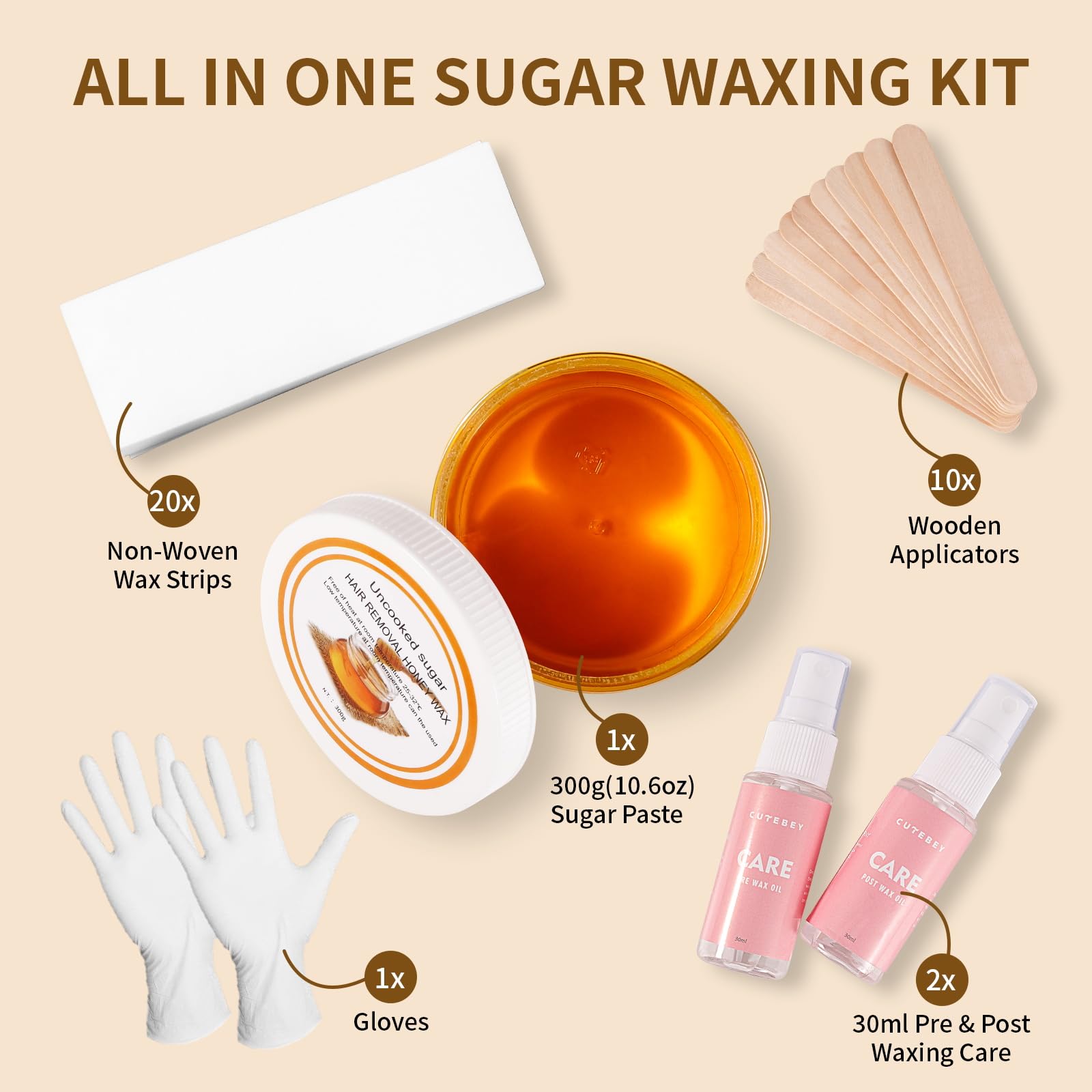 Sugar Wax Kit Suagring Kit: 300g/10.6oz Organic Sugaring Paste for Body Hair Removal - Includes Wax Strips & Sticks, Pre and Post Care Oils