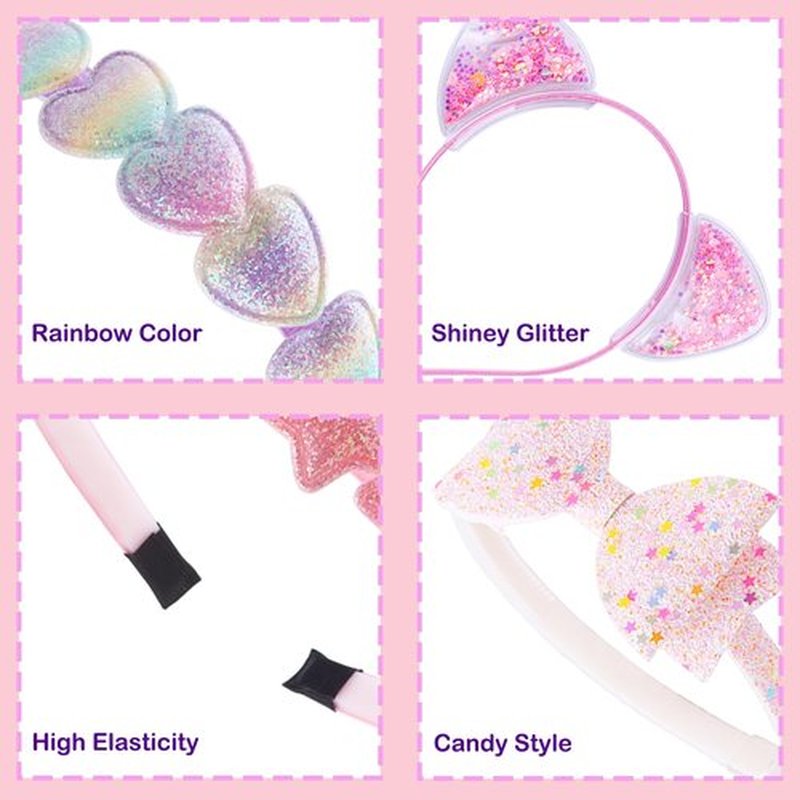 PUSABAOWO Headbands for Girls 6 Pack Toddler Headbands Glitter Kids Hairband Cat Bow Heart Star Crown Hair Accessories for Toddler Girls Teens