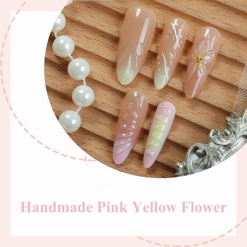MISUD Press on Nails - Long Stiletto Glue on Nails with Pink Yellow, Acrylic Handmade Flower Design 30 pcs