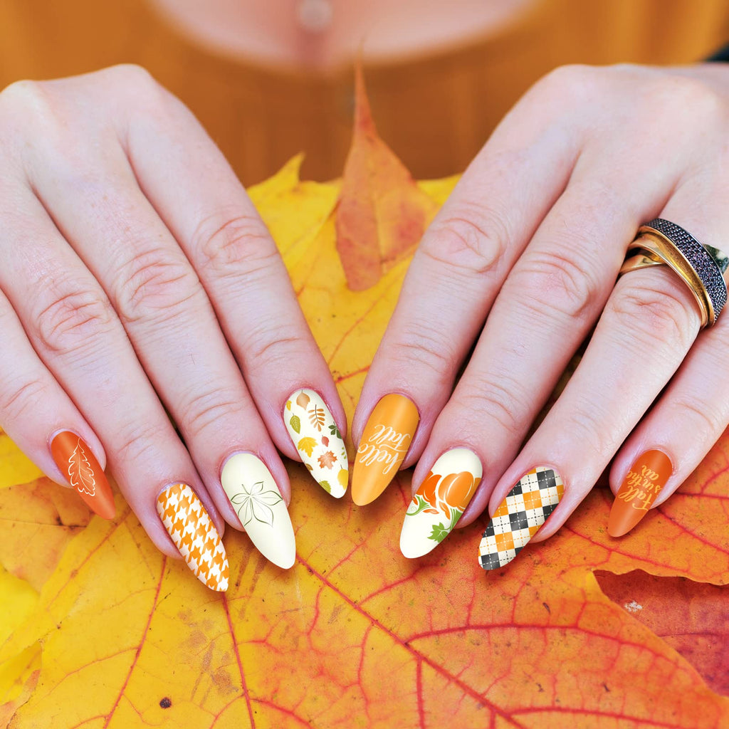 Whaline 6Pcs Fall Thanksgiving Theme Nail Art Stamping Plate Kit Various Pattern Pumpkin Maple Autumn Blessing Collection Checkered Nail Art Plate for Thanksgiving Day DIY Design Print Manicure Salon