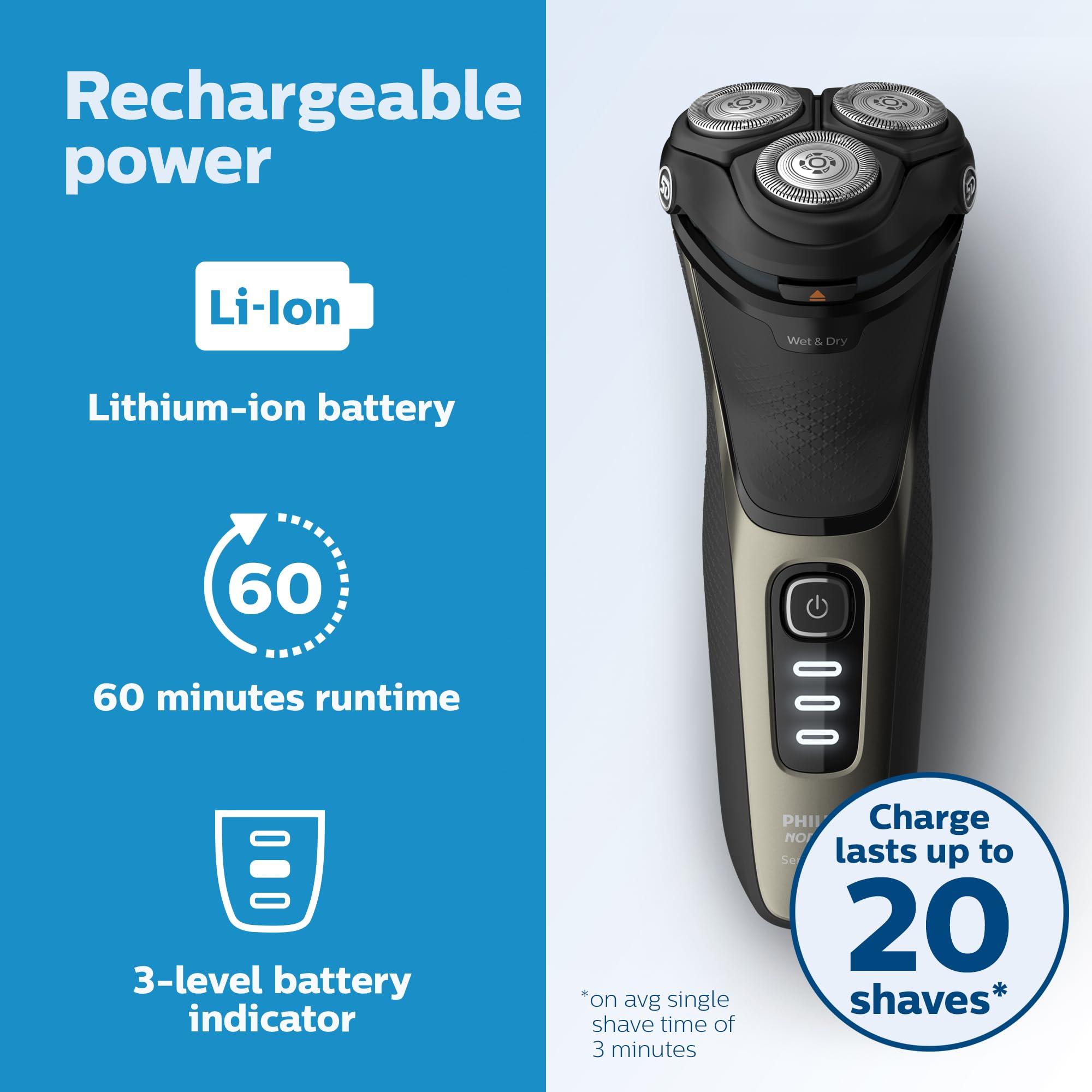 Philips Norelco Shaver 3000 Series, Wet and Dry Electric Shaver, P-Cap, Travel Pouch, Ash Gold, Model S3242/90 (Pack of 2)